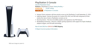 Amazon PS5 restock listing page with Prime early access message