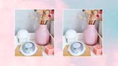 Two pictures of a Homedics white noise machine on a pink cloud background