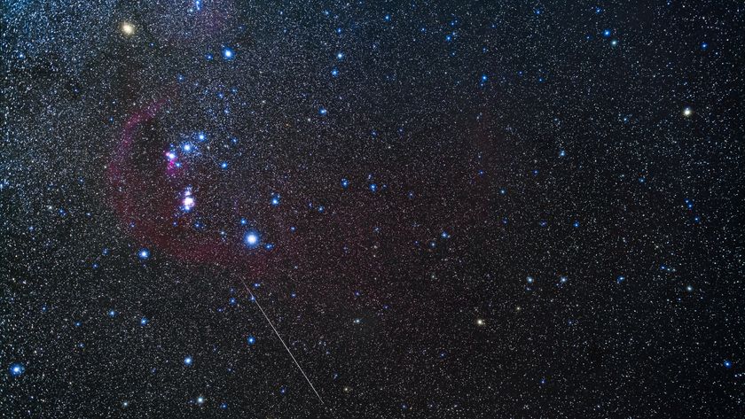 The stars of the constellation Orion shine in a winter night sky against a background of fainter stars as a meteor streaks diagonally across the image to the lower right.