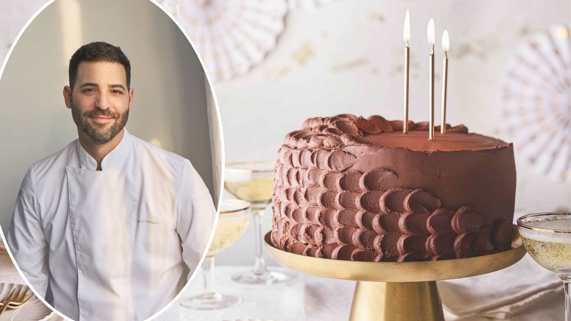 Pastry chef Philip Khoury with celebratory chocolate cake.