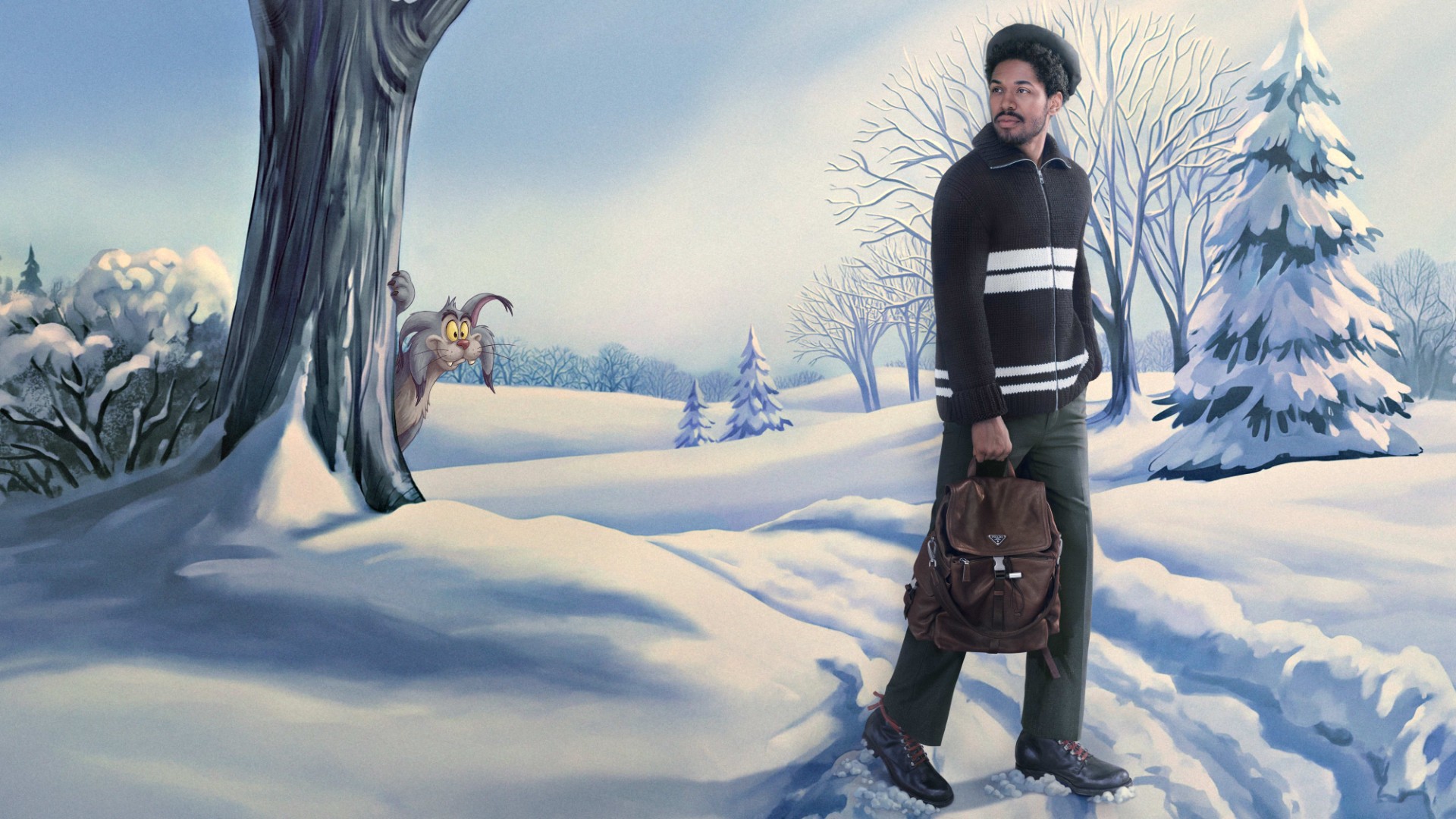 Kelvin Harrison Jr, in a striped knitted cardigan and beret, walks through an illustrated winter landscape carrying a brown leather Prada backpack, as a cartoon lynx peers at him from behind a tree.