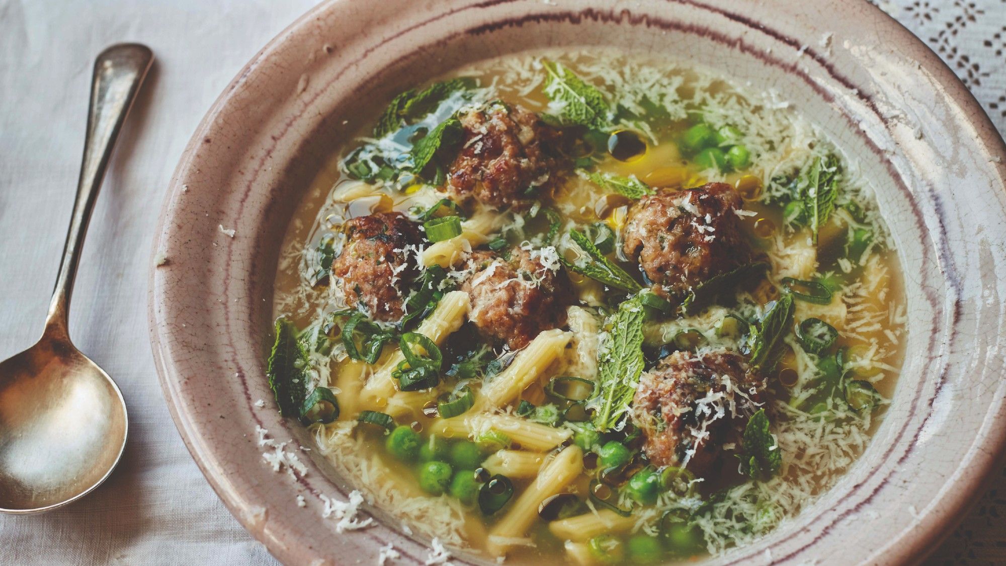 Spring meatballs, pasta and peas