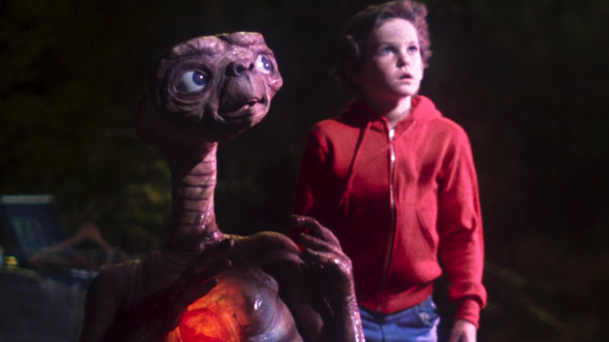 E.T. and Elliott looking at ship landing while next to each other at the end of the movie