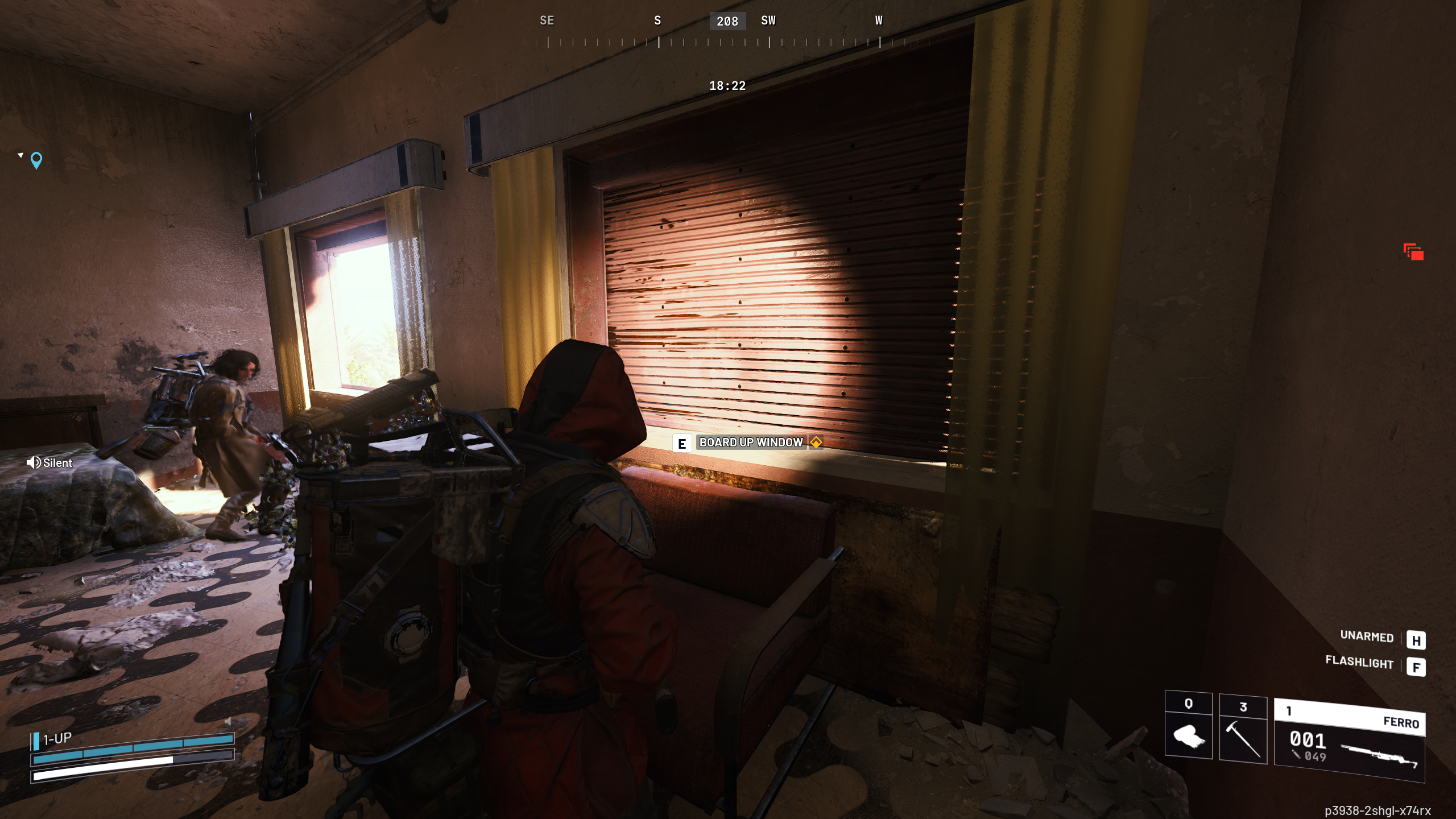 Arc Raiders Shoring Up Defenses: A player boarding up the shuttered windows in the Hotel Panorama Azzurro.