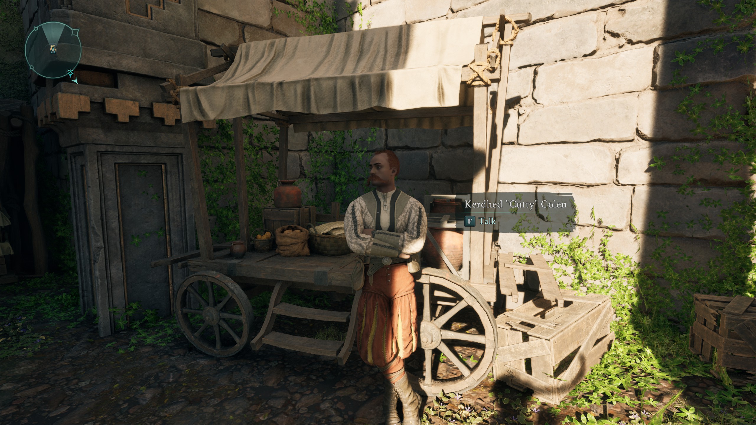 view of shady merchant character in Avowed