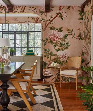 dining room with pink floral wallpaper