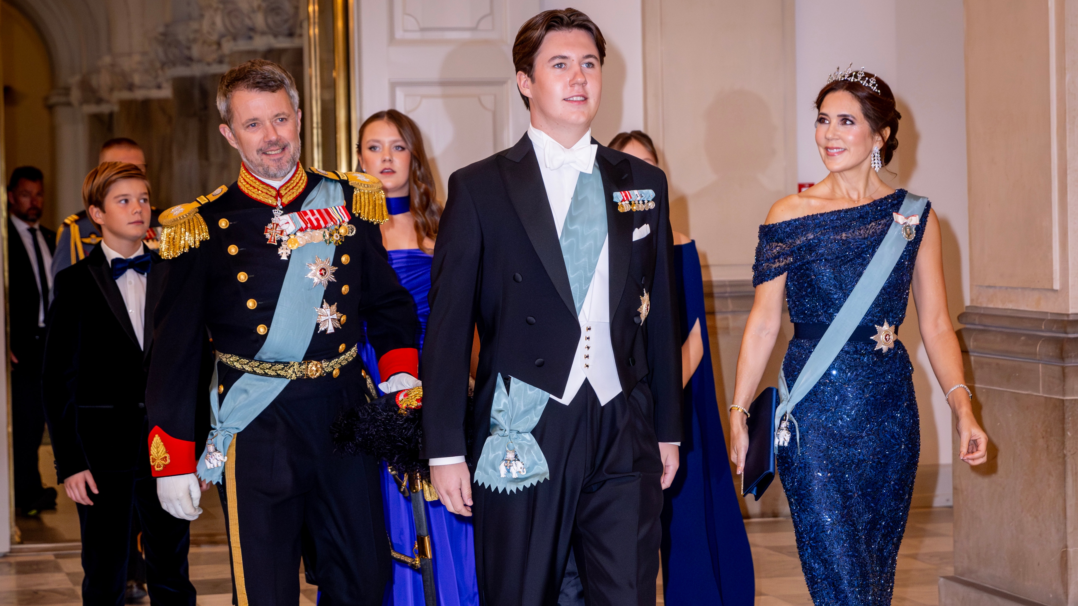 Prince Vincent of Denmark, Crown Prince Frederik of Denmark, Princess Isabella of Denmark, Prince Christian of Denmark, Princess Josephine of Denmark and Crown Princess Mary of Denmark attend the gala diner to celebrate the 18th birthday of H.K.H. Prince Christian