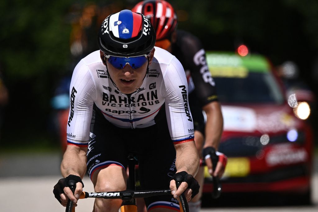 Team Bahrains Matej Mohoric of Slovenia leads the breakaway during the 5th stage of the 108th edition of the Tour de France cycling race a 27 km time trial between Change and Laval on June 30 2021 Photo by AnneChristine POUJOULAT AFP Photo by ANNECHRISTINE POUJOULATAFP via Getty Images