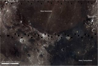 This lunar mosaic shows the boundary between Mare Serenitatis and Mare Tranquillitatis. The relative blue color of the Tranquillitatis mare is due to higher abundances of the titanium-bearing mineral ilmenite.
