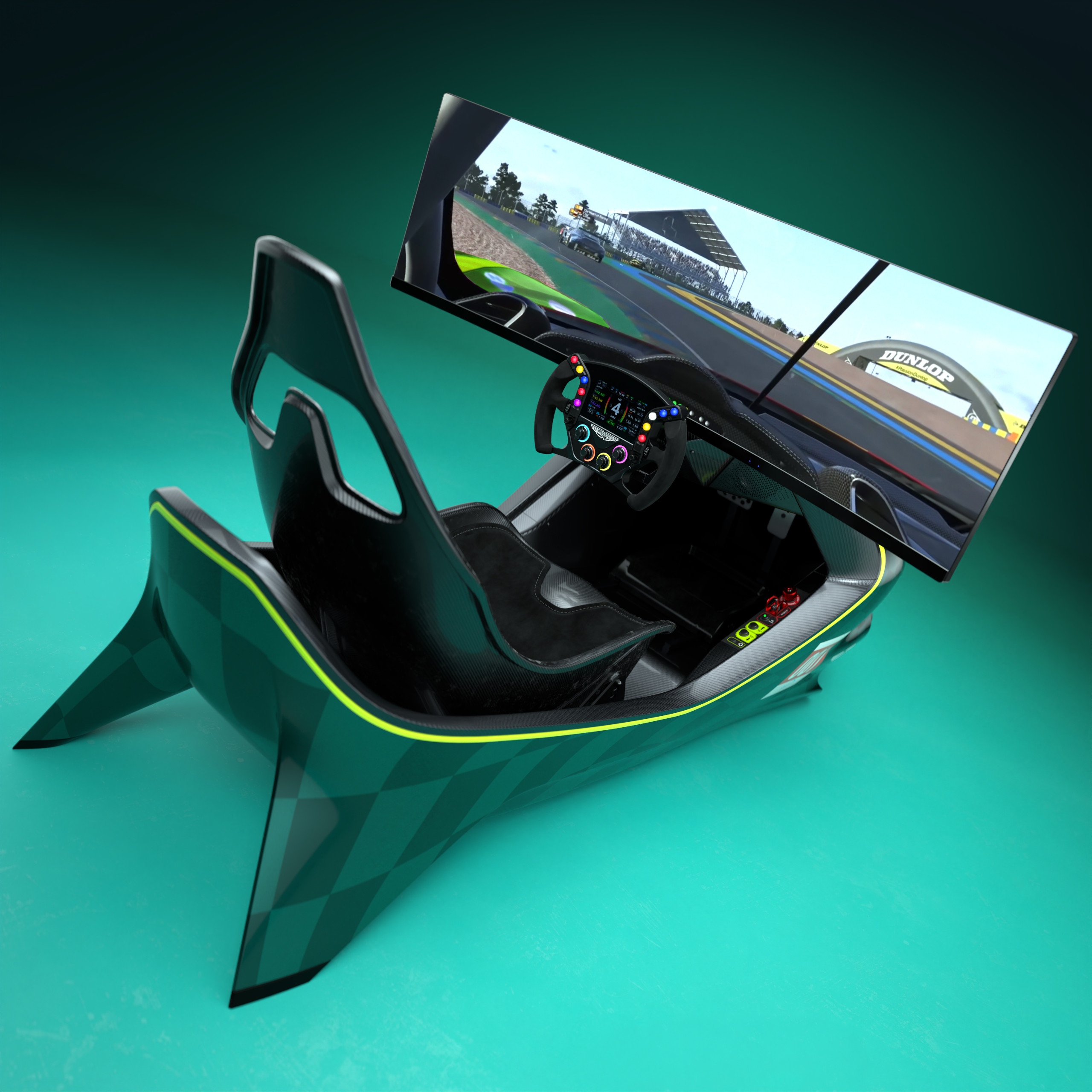 The sim features a 49" curved screen