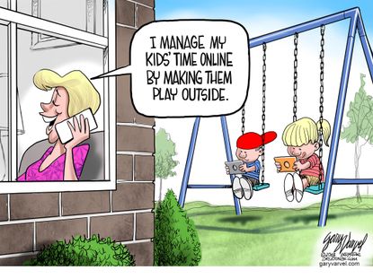 Editorial cartoon U.S. Parenting kids technology phones play outside