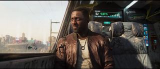 Cyberpunk 2077: Phantom Liberty cinematic trailer still: Idris Elba takes a train ride