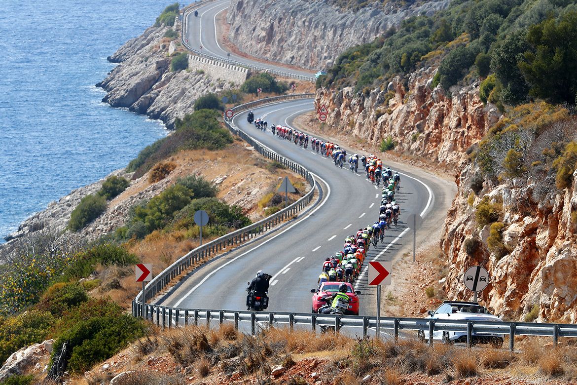 The Tour of Turkey peloton in action on the road to Fethiye.
