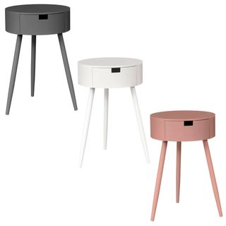 bedside table with single drawer in grey white and pink colours