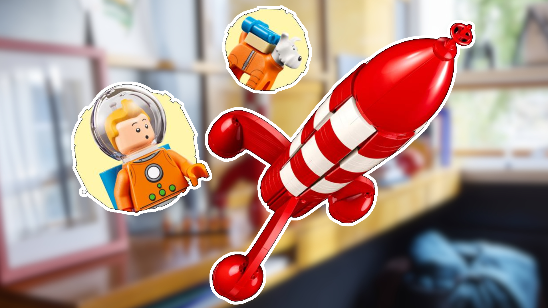 Lego Tintin and Snowy figures with a red Moon Rocket, surrounded by a white outline