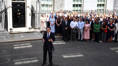 British Prime Minister Andy Burnham speaks in front of No. 10 Downing Street after taking office
