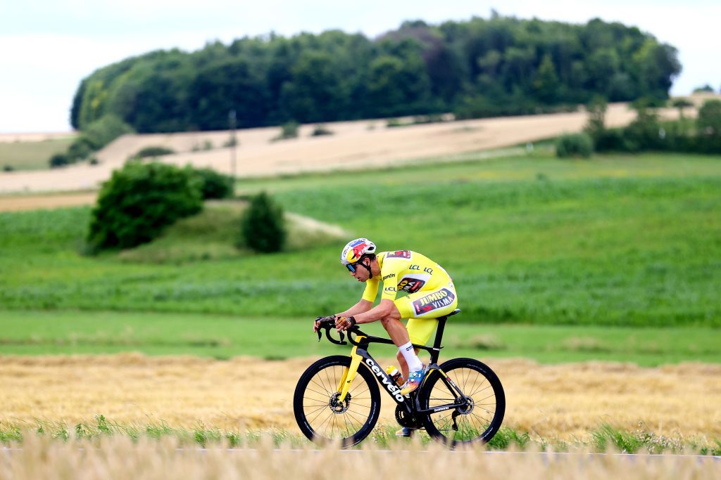 LONGWY FRANCE JULY 07 Wout Van Aert of Belgium and Team Jumbo Visma Yellow Leader Jersey competes in the breakaway during the 109th Tour de France 2022 Stage 6 a 2199km stage from Binche to Longwy 377m TDF2022 WorldTour on July 07 2022 in Longwy France Photo by Michael SteeleGetty Images