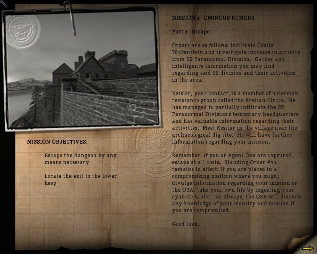 A screenshot of a briefing screen from Return to Castle Wolfenstein, showing how detailed the mission briefings were.