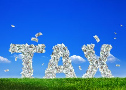 the word tax spelled out in money on top of grass with dollar bills blowiing off the letters