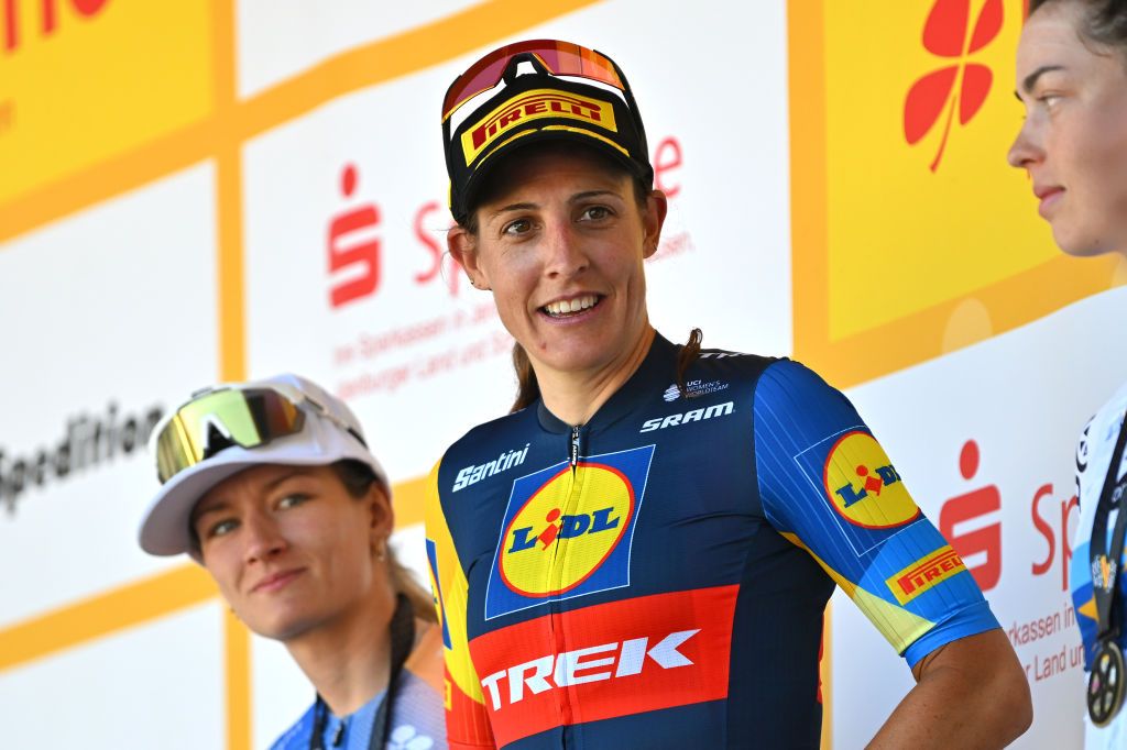 MUHLHAUSEN GERMANY JUNE 28 Lucinda Brand of The Netherlands and Team LidlTrek celebrates at podium as stage winner during the 36th Internationale LOTTO Thringen Ladies Tour 2024 Stage 4 a 1114km stage from Muhlhausen to Muhlhausen on June 28 2024 in Muhlhausen Germany Photo by Luc ClaessenGetty Images