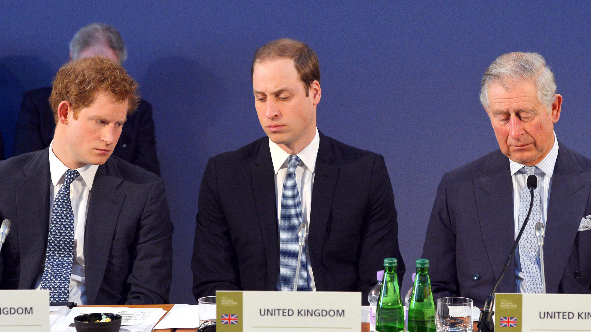 Prince Harry, Prince William, and King Charles look serious while wearing suits in 2014
