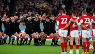 New Zealand All Black rugby team performing the haka before a game with Wales