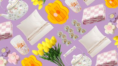 Collage of bright spring home decor items on a pastel purple background