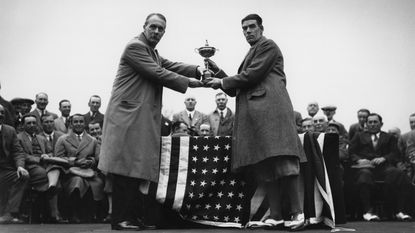 Samuel Ryder presents Great Britain captain George Duncan with the Ryder Cup in Moortown, 1929