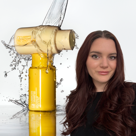 Water pouring over zara fine hair shampoo and conditioner overlaid with portrait of brooke knappenberger 