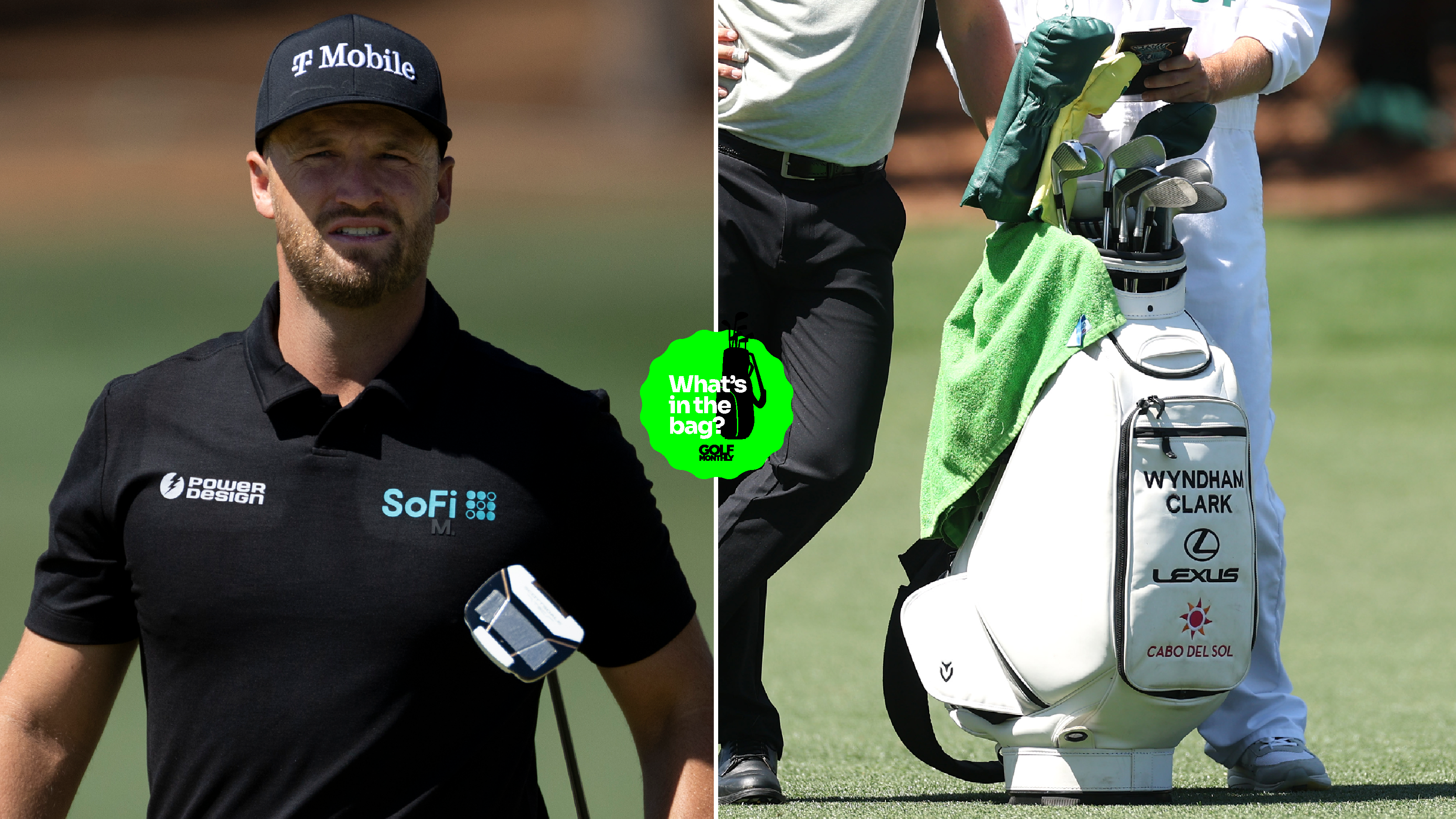 Wyndham Clark walks up the green, with a close up of his golf bag