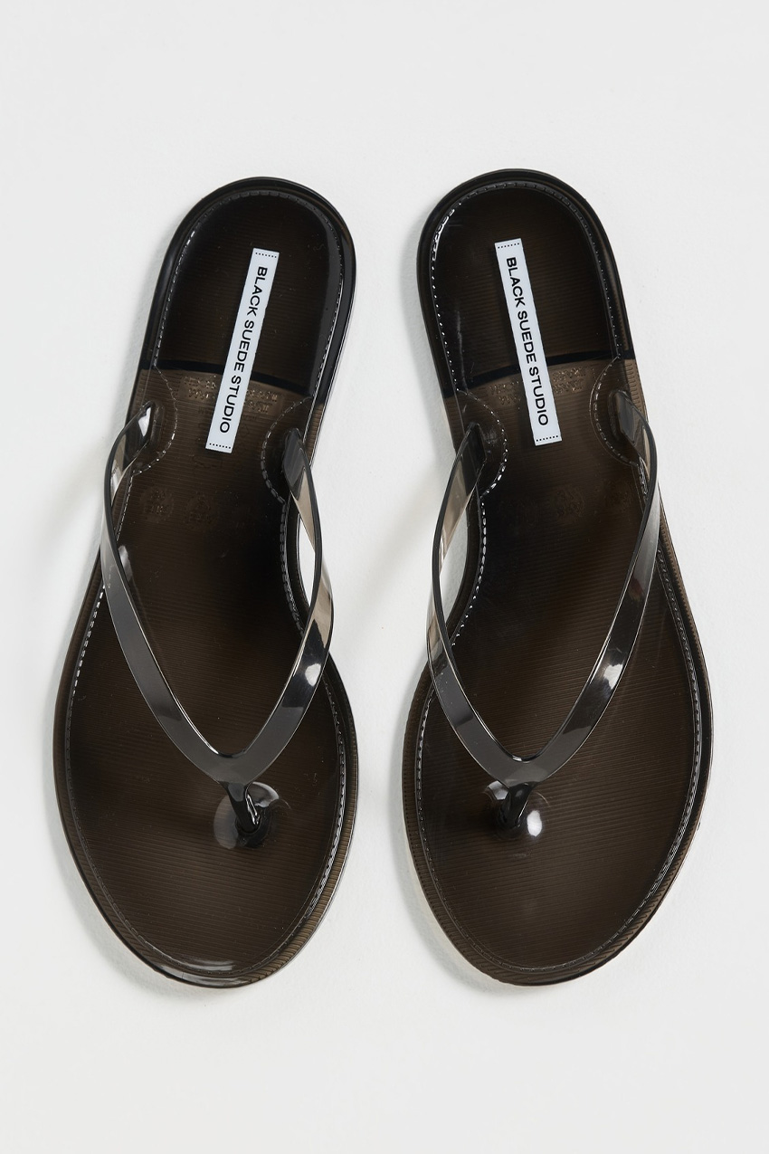 Black Suede Studio Crystal Jelly Flip Flops
