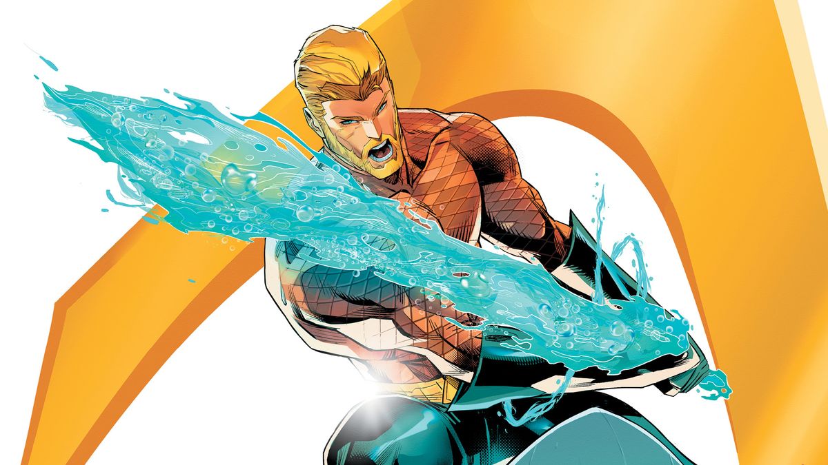 Aquaman carrying a water sword.