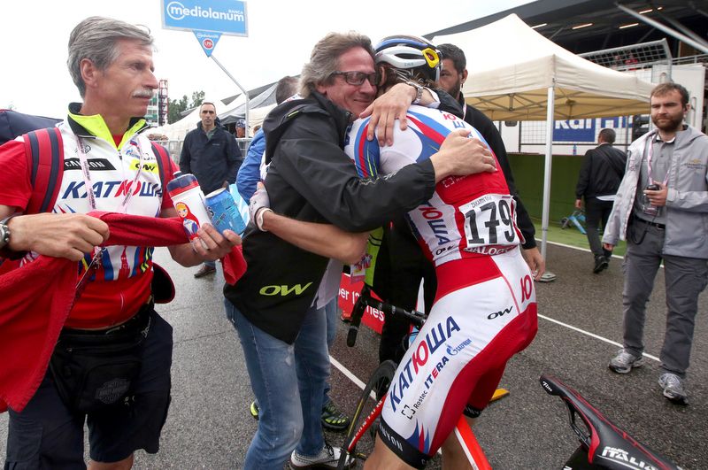 Ilnur Zakarin is congratulated by his Katusha team after winning the stage