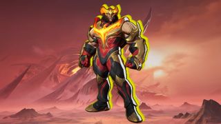 Wolverine stands in his Phoenix themed costume, against a dusky desert with jagged rocks