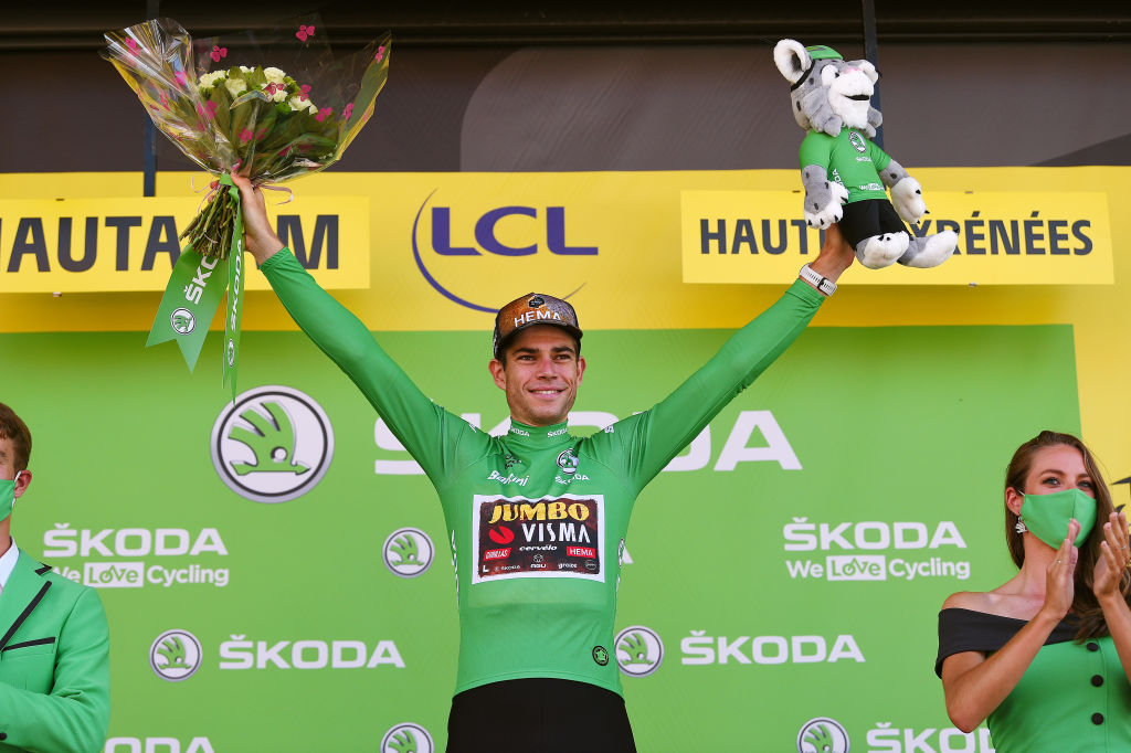 HAUTACAM FRANCE JULY 21 Wout Van Aert of Belgium and Team Jumbo Visma Green Points Jersey celebrates at podium during the 109th Tour de France 2022 Stage 18 a 1432km stage from Lourdes to Hautacam 1520m TDF2022 WorldTour on July 21 2022 in Hautacam France Photo by Dario BelingheriGetty Images