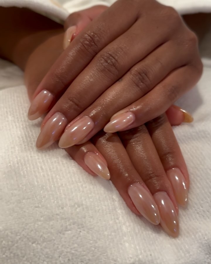 Nude chrome nails.