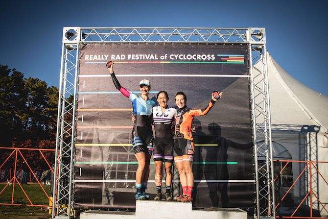 The elite women's podium for day 2 of the 2018 Really Rad Festival of Cyclocross (l to r): Cassandra Maximenko, winner Crystal Anthony, Arley Kemmerer