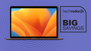 MacBook M1 laptop with 'Big Savings' text