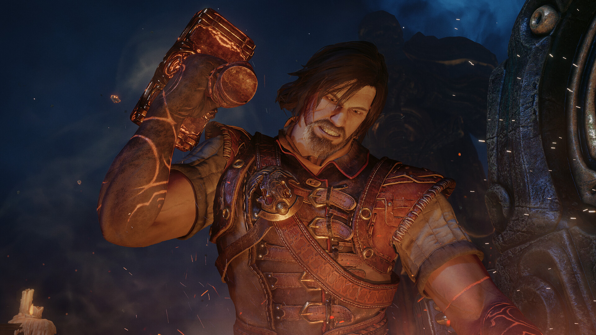 Blades of Fire's hero Aran raises a large hammer as he prepares to forge a blade.