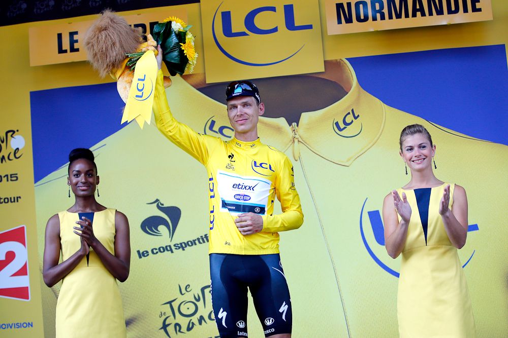 Tony Martin in yellow on the stage 6 podium.