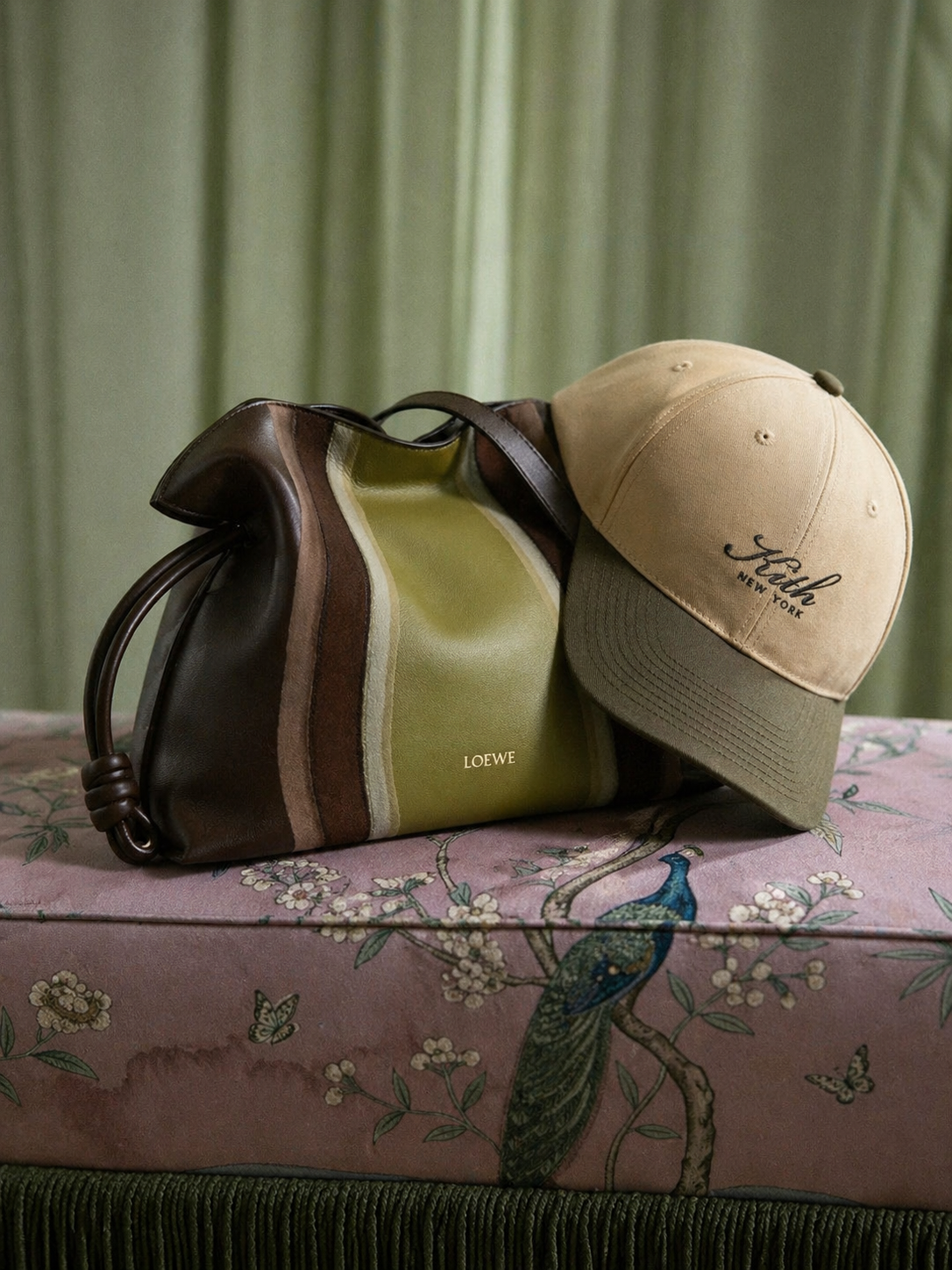 Loewe bag and Kith hat sitting on a fabric-covered bench.