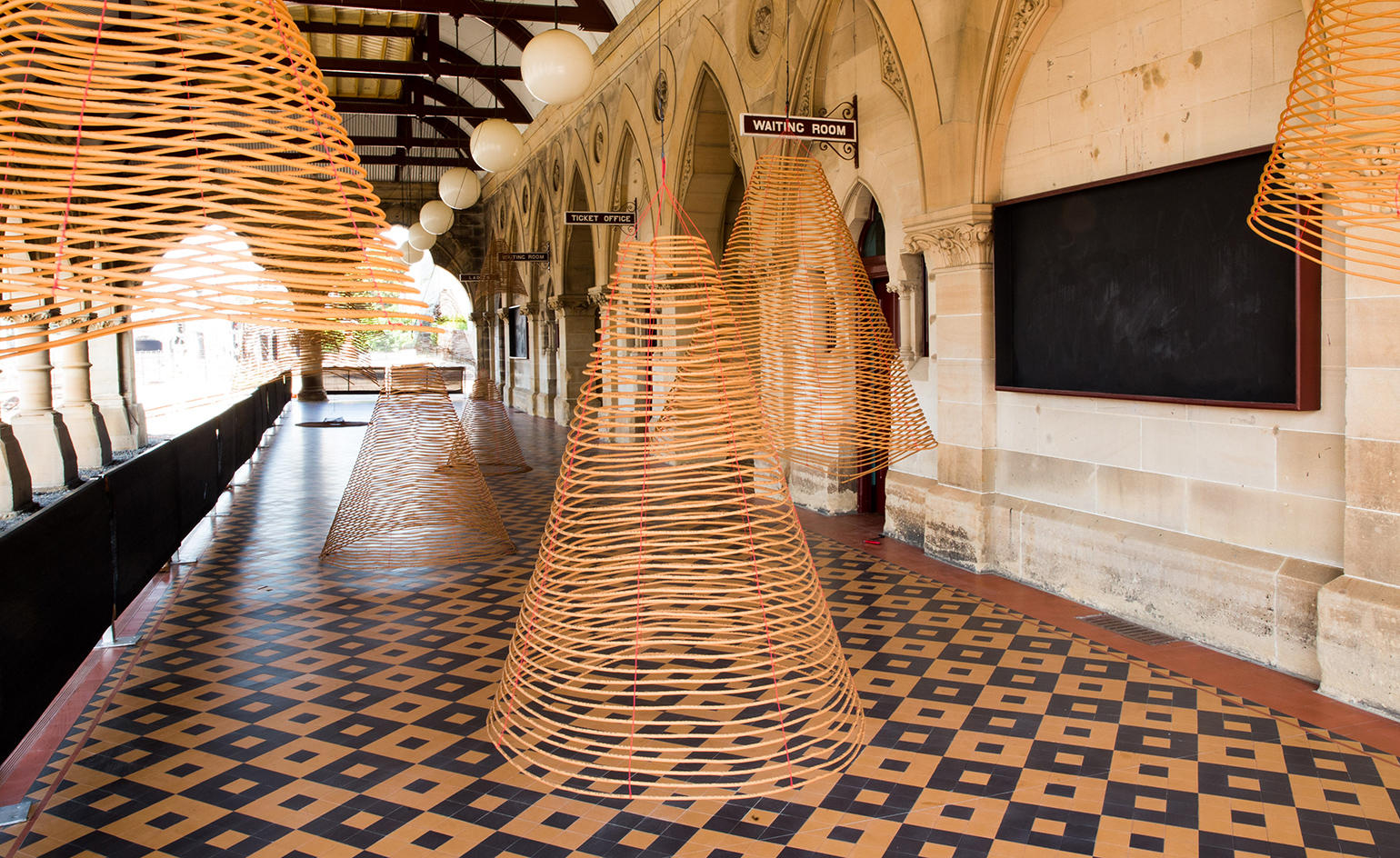 Museum with white hanging lights