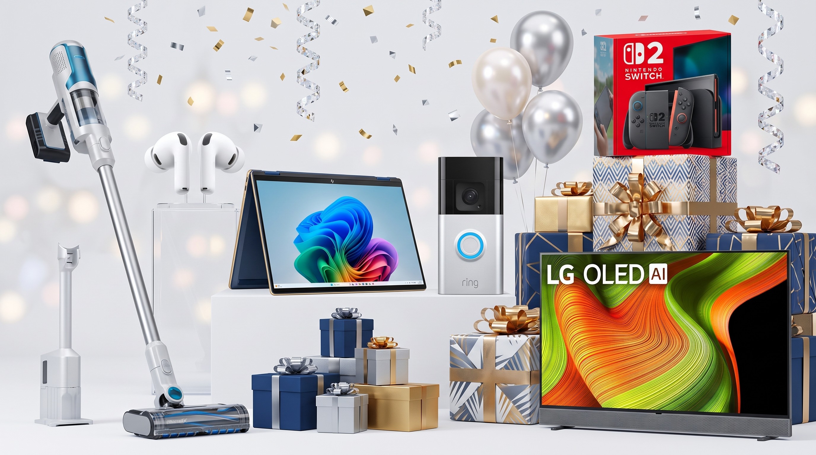 A collage of tech from the Best Buy anniversary sale, including a Shark vacuum, HP laptop, Apple AirPods, Ring doorbell, Nintendo Switch 2, and LG TV, surrounded by birthday balloons and streamers.