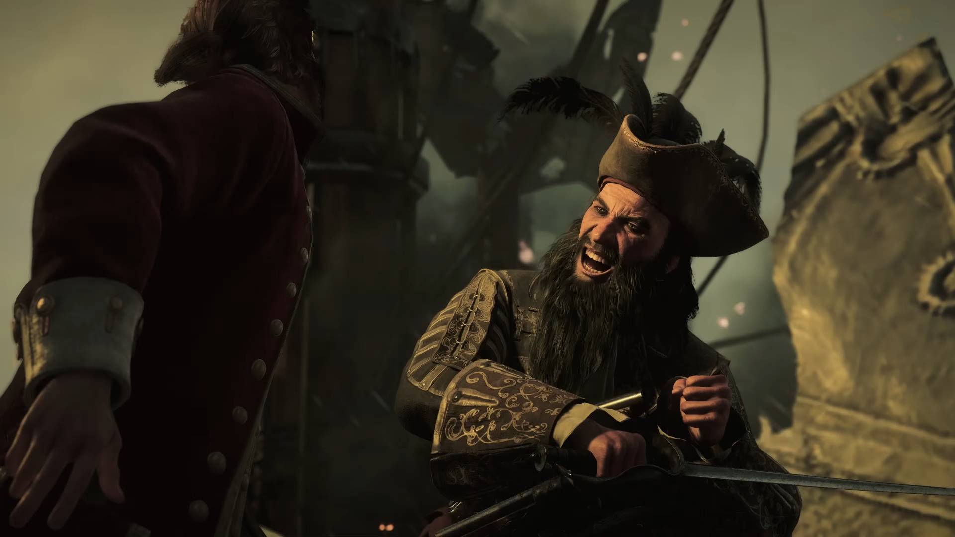 Assassin's Creed Black Flag Resynced screenshot from trailer showing blackbeard holding a sword and fighting aboard a ship
