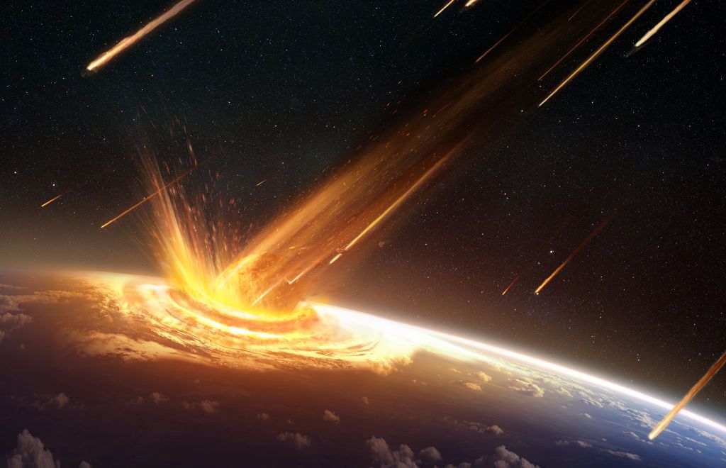 Illustration of an asteroid or comet striking surface of Earth