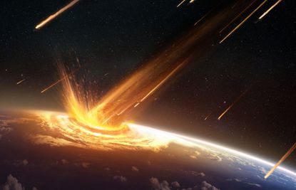 Illustration of an asteroid or comet striking surface of Earth