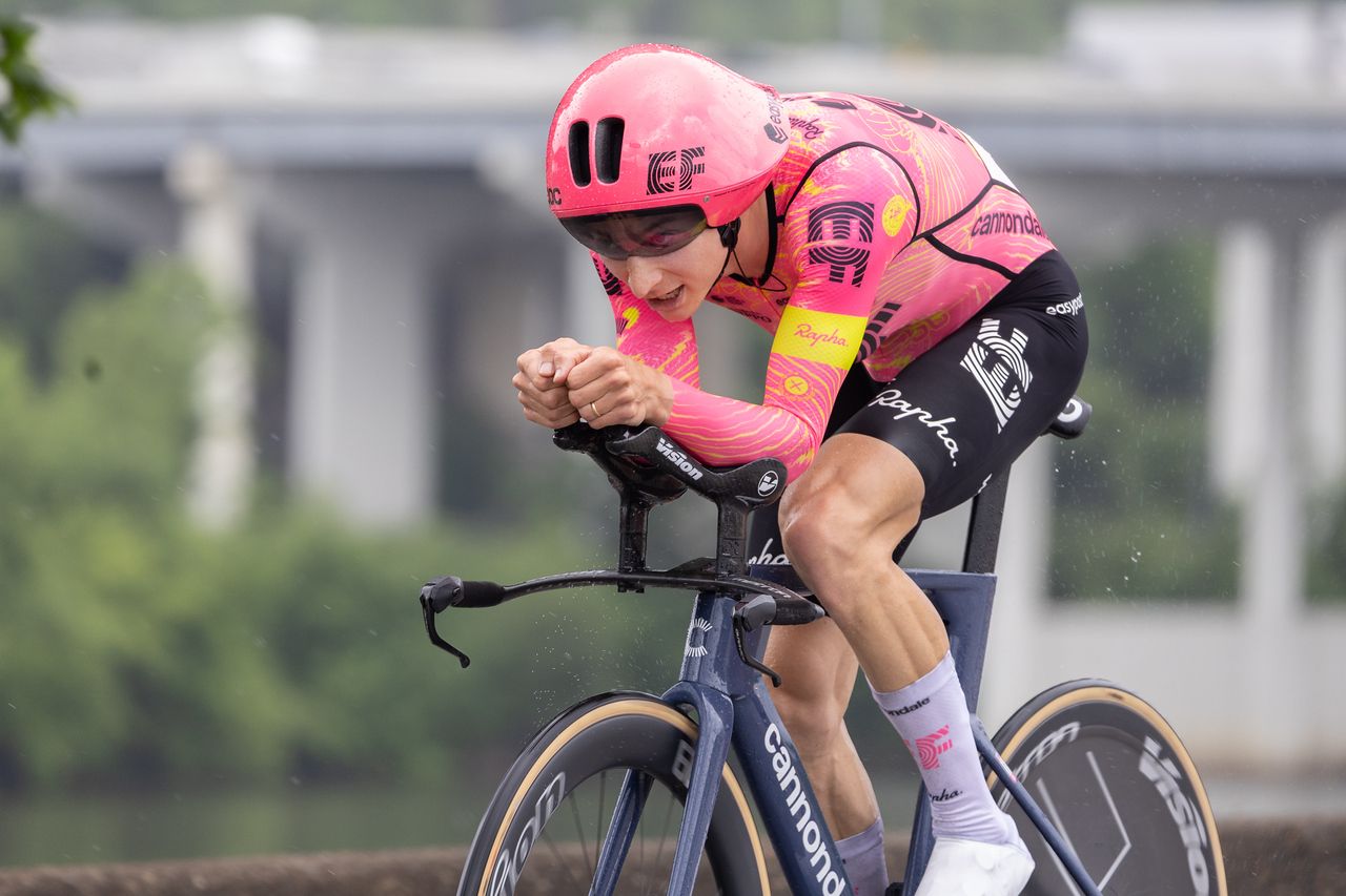 Neilson Powless (EF Education-Easy Post) rides the wet course and finishes on the podium in third