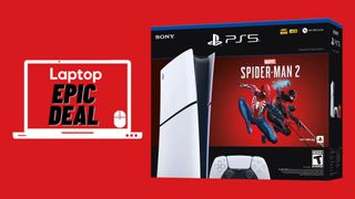 PS5 Slim Spider-Man 2 bundle digital box against red background with epic deal logo
