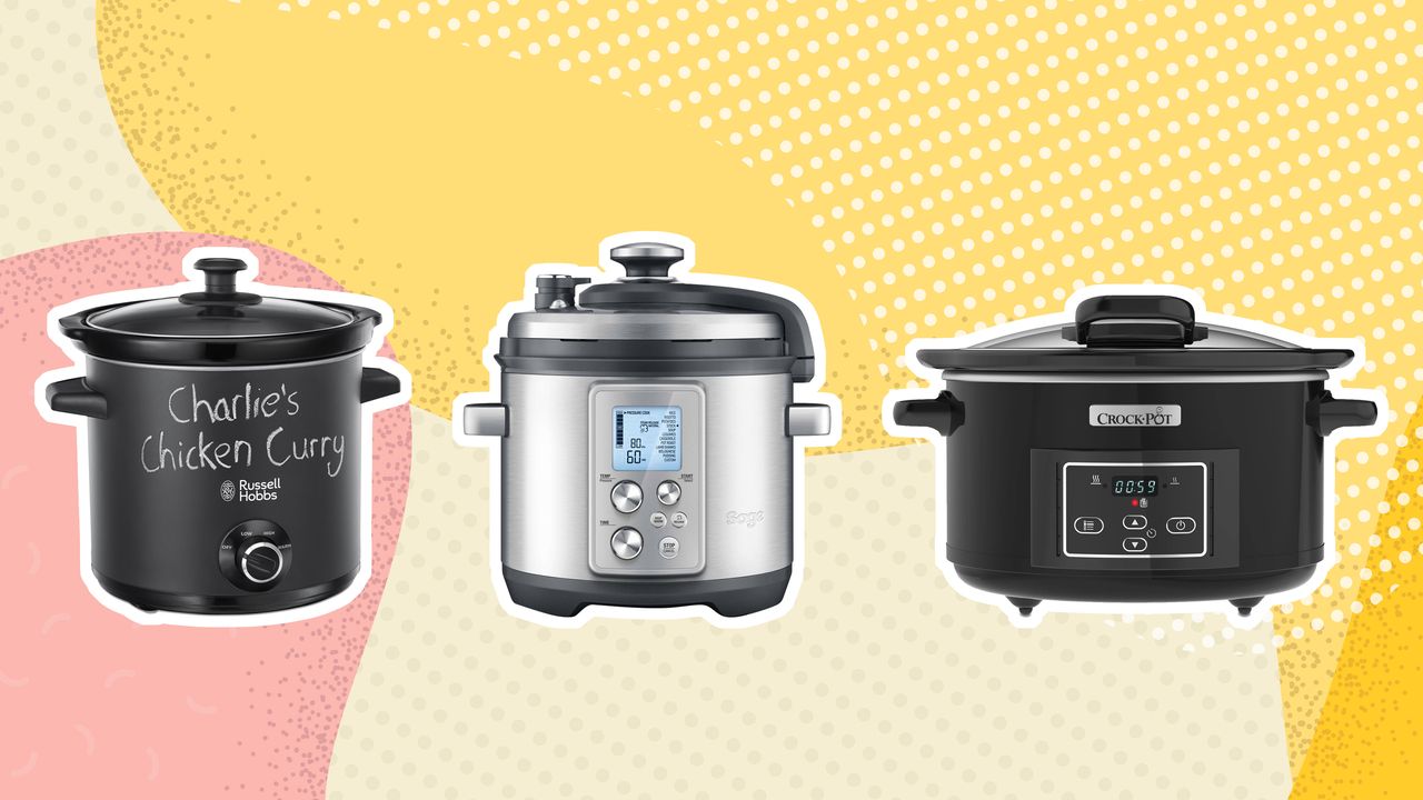 A yellow and pink graphic with trio of slow cookers including Russell Hobb chalkboard slow cooker, Sage appliance and Crock-Pot