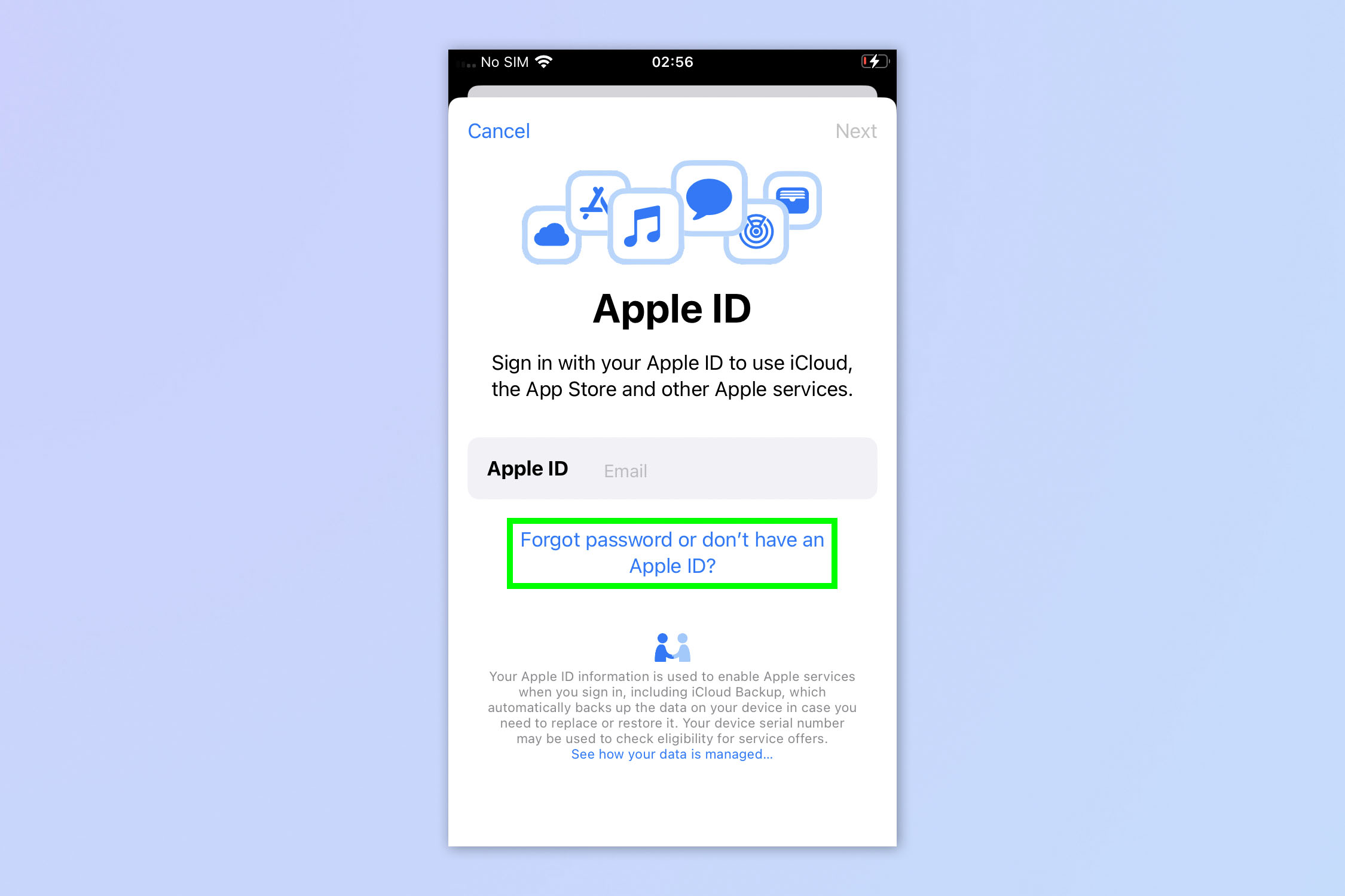 Снимок экрана, показывающий, как найти свой Apple ID на iPhone или iPad, который вышел из системы.